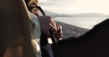 Gündüz vakti okyanus kıyısında ata binen Viking. 