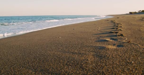 Tomma Strand Med Fotspår Framför Havet — Stockvideo