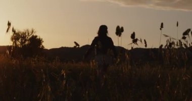 Beyaz şortlu, siyah deri ceketli gün batımında yaz tarlasında yürüyen genç bir kız.