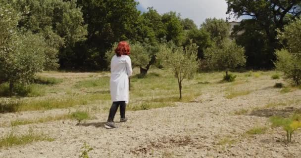 Młoda Agronomka Pracująca Letnim Ogrodzie Ruda Kobieta Sprawdza Łóżka Farmie — Wideo stockowe
