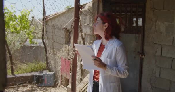 Młoda Agronomka Pracująca Letnim Ogrodzie Ruda Kobieta Sprawdza Rośliny Farmie — Wideo stockowe