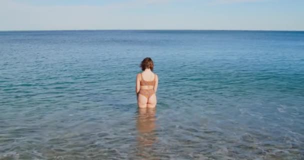 Gadis Muda Berpakaian Renang Berdiri Air Laut Pantai Calabria — Stok Video