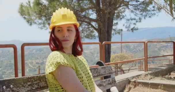 Outdoor Footage Beauty Italian Architect Yellow Helmet Young Woman Construction — kuvapankkivideo