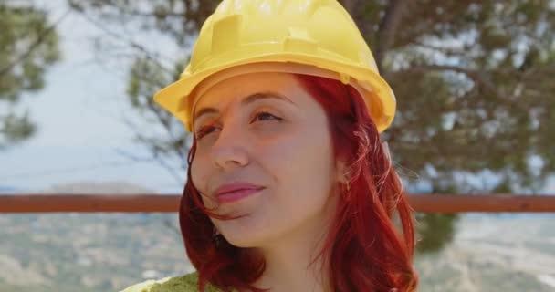 Outdoor Footage Beauty Italian Architect Yellow Helmet Young Woman Construction — Stock videók