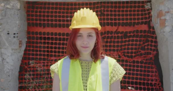 Outdoor Footage Beauty Italian Architect Yellow Helmet Young Woman Construction — Video Stock