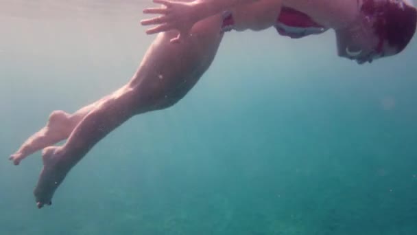 Schöne Frau Schwimmt Unter Der Meeresoberfläche — Stockvideo