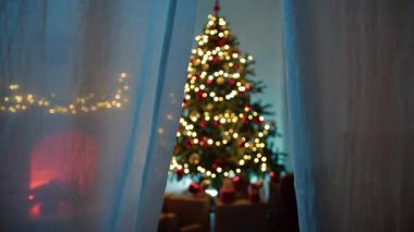 Bir evin perdesinin arkasından görülen Noel Ağacı.