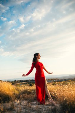 İtalya, Calabria 'da parlak bir gökyüzünün altında kırmızı elbiseli neşeli bir kadın..