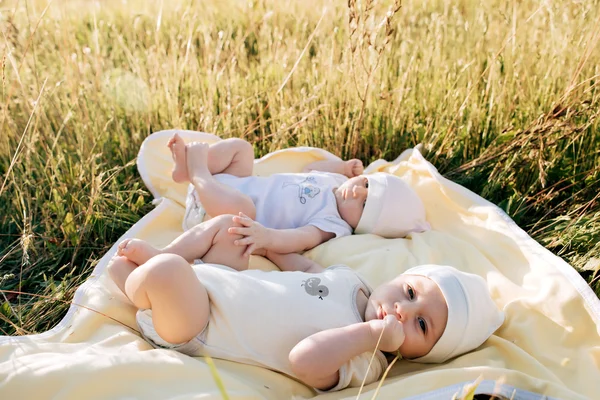 Hermanas gemelas graciosas bebés recién nacidos tumbados en la hierba en el día de verano —  Fotos de Stock