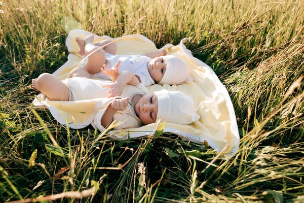 夏の日に草の上に横たわる面白い双子姉妹の生まれたばかりの赤ちゃん — ストック写真