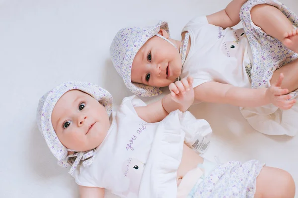 Funny twins sisters babies Stock Picture