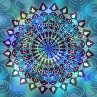Geometric symmetric mandala, black drawing on blue and green abstract background, soothing image in cool colors