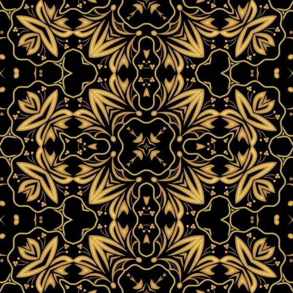 Luxurious golden embossed brocade or damask oriental patterns, symmetric ornament on black background, useful as decoration for major ceremonial events such as luxury funerals — Stock Photo, Image