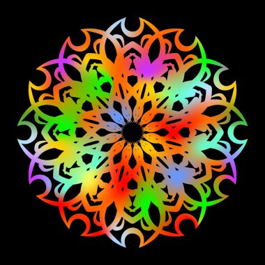 Psychedelic rainbow rosette on black background, geometric symmetric multicolored shape with strong contrast
