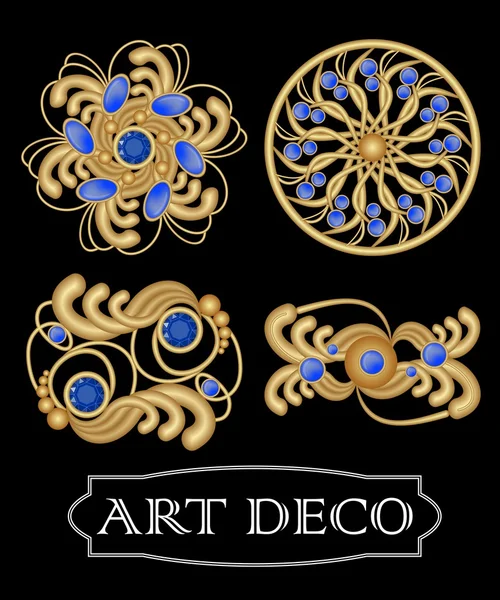 Set de broche de filigrana de oro con gemas azules de zafiro en estilo art deco. Joya retro redonda simétrica de metal dorado — Vector de stock