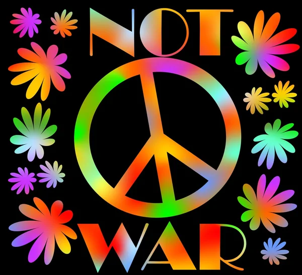 International symbol of peace, disarmament, anti-war movement. Grunge street art design in hippies rainbow colors, inscription not war. Vector image on radiating background. Retro motif of hippies — Stock Vector