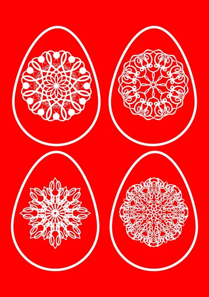 Easter eggs with lace ornament, design set in white line drawing, red background, color easy editable — Stock Vector