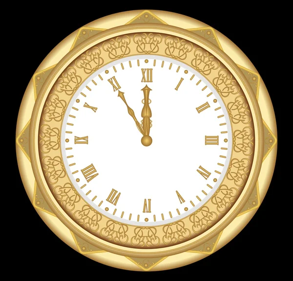 Antike Uhr aus gelbem Metall mit Ornamenten und römischen Ziffern, Vintage-Objekt auf schwarzem Hintergrund. Uhr im Art-Deco-Stil — Stockvektor
