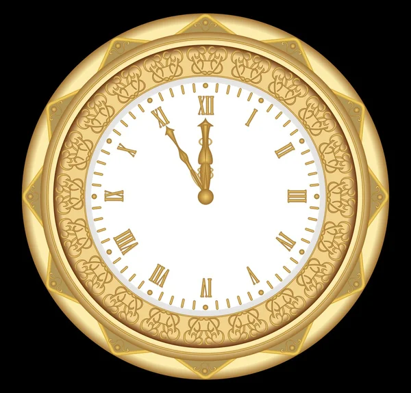 Eski saat Sarı metal süs eşyaları ve Romen rakamları ile vintage nesne siyah arka plan üzerinde izole. Art deco tarzında saat