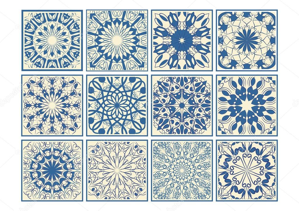Set of vintage ceramic tiles in azulejo design with blue patterns on ... Set of vintage ceramic tiles in azulejo design with blue patterns on ...