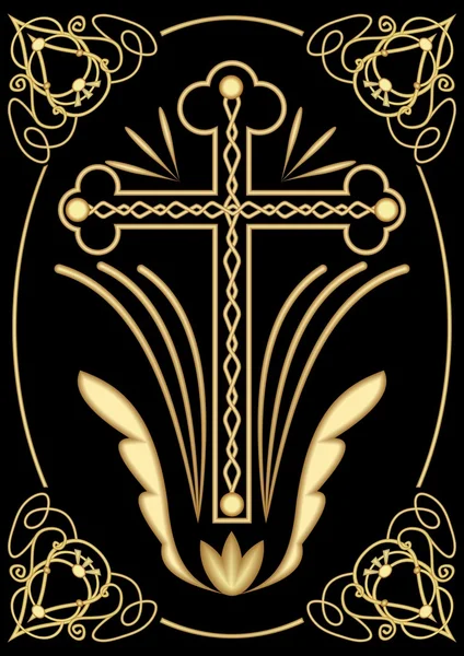 Rijk versierd Armels motief met kruis, art deco ornamets, symmetrische filigraan ontwerp op zwarte achtergrond, decoratie voor waardige christelijke begrafenis — Stockvector