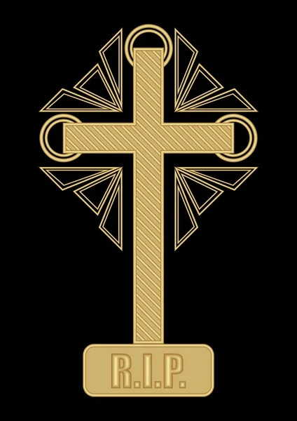 Moderno motivo funerario decorado con oro con cruz, R.I.P. inscripción, diseño cubista simétrico sobre fondo negro, decoración para entierro cristiano digno — Vector de stock