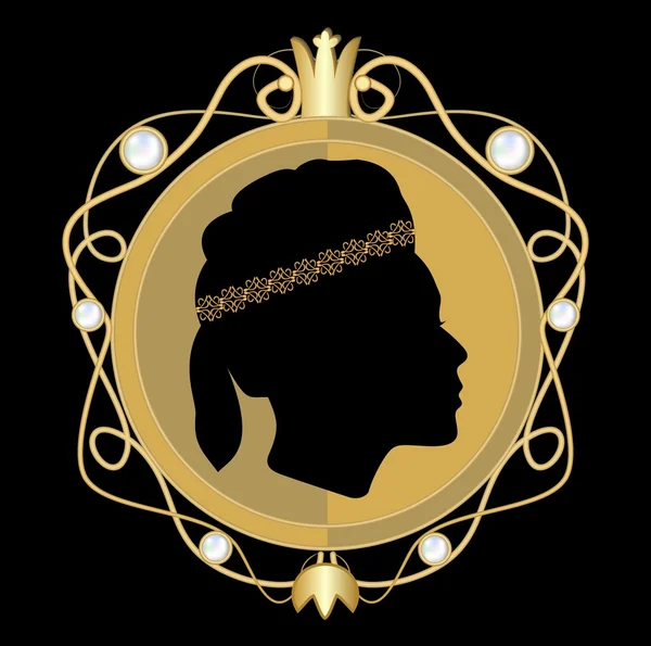 Gold jewellry with classical woman face profile in circle medallion with golden royal crown and pearls, brooche in art deco style — Stock Vector
