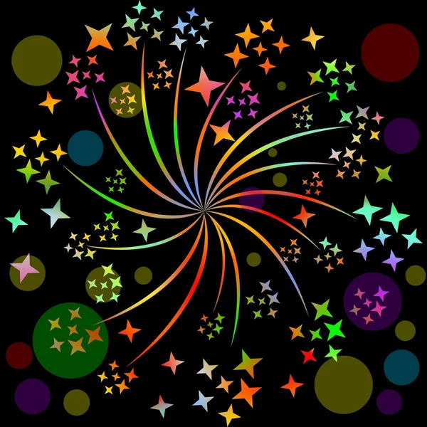 Fireworks, pyrotechnics rosette motif with multicolored stars on black background with blurry lights. Decoration for celebration, birthday, New year — Stock Vector