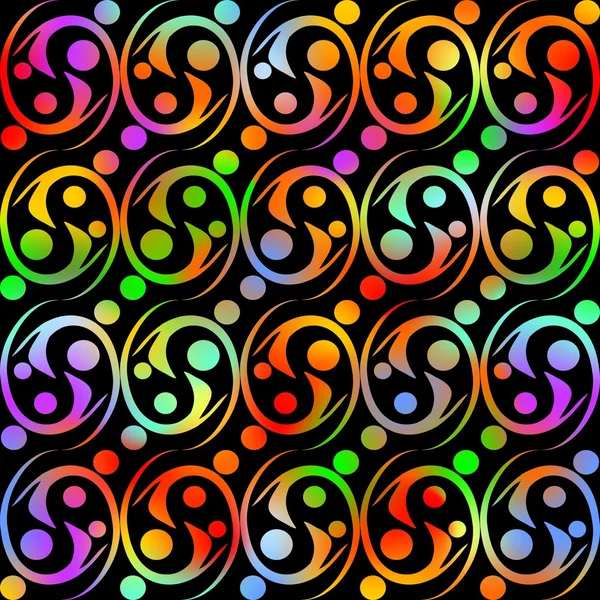 Fondo sin costuras con formas abstractas remolinadas y puntos en colores vivos del arco iris, repitiendo ornamento sobre fondo negro. Decoración para textiles, impresión de papel — Vector de stock