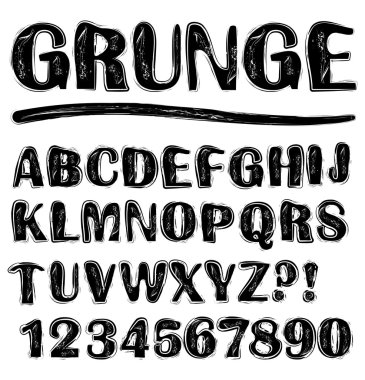 Grunge cızırtılı büyük siyah ve beyaz alfabe seti, sayı, soru işareti, ünlem işareti, küçük harf de portföyünde mevcut ayarla