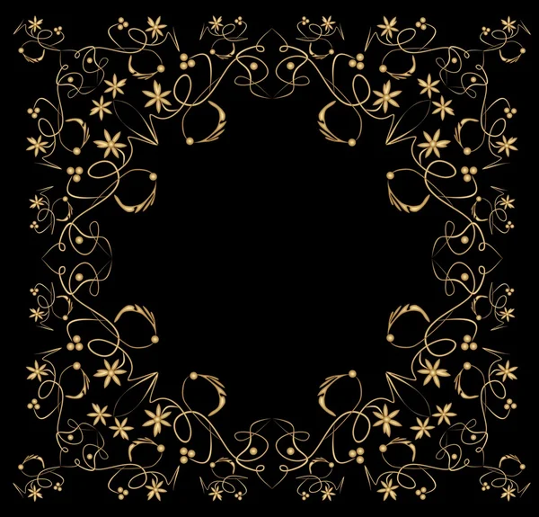 Reliéfní filigránové zlatý rám na černém pozadí. Klasický vintage vzory s květ, vír a listové tvary, horizontální a vertikální symetrický — Stockový vektor