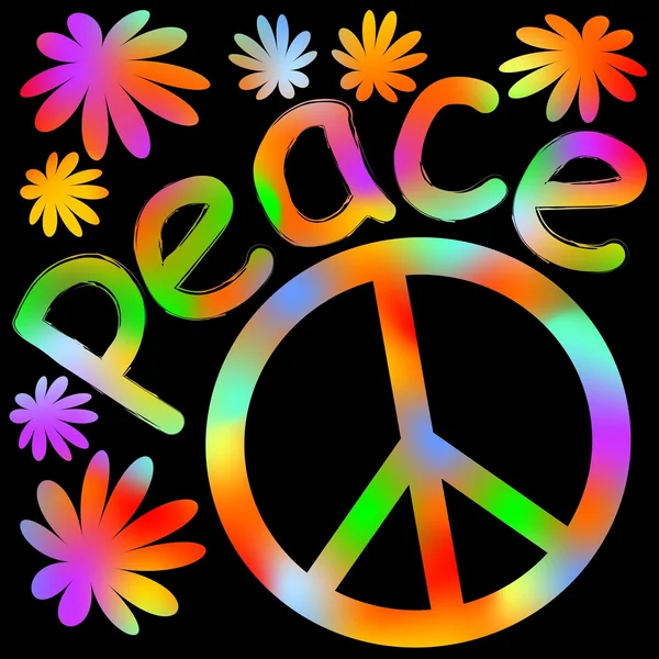 International symbol of peace, disarmament, anti-war movement. Grunge street art design in hippies rainbow colors, inscription peace. Vector image on radiating background. Retro motif of hippies movem — Stock Vector