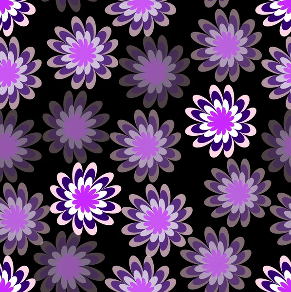 Flor púrpura derramada con diferentes tonalidades sobre fondo negro, formas florales distribuidas desiguales, fondo abstracto sin costuras — Archivo Imágenes Vectoriales