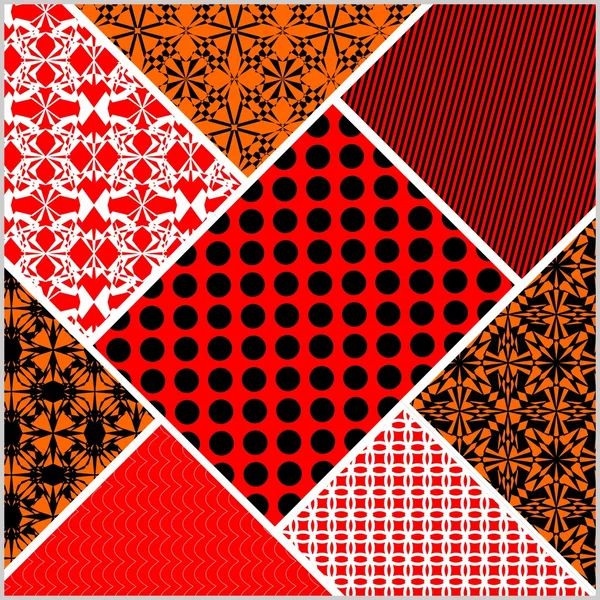 Patchwork décoratif vecteur tuile abstraite dans le style patchs textiles cousus avec différents ornements en rouge, blanc, noir et orange — Image vectorielle