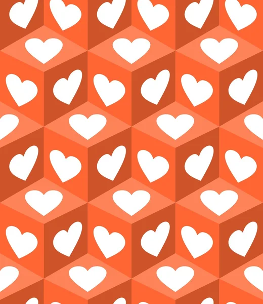 3d patrones de cubo con formas de corazón blanco sobre fondo naranja. Motivo de San Valentín para impresión de papel de regalo — Vector de stock