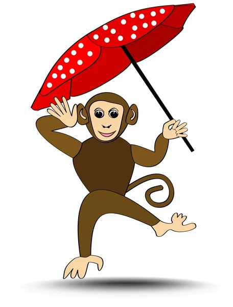 Kleiner Affe tobt mit rot gepunktetem Regenschirm, isolierte Cartoon-Illustration auf weißem Hintergrund, Dekoration für Kindergarten, Spielzeugladen, Zoo — Stockvektor