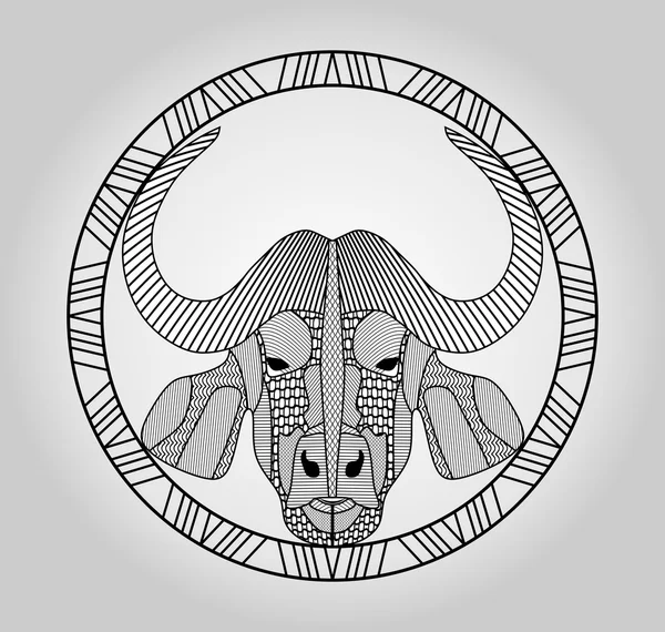 Buffalo hoofd, symmetrische uitgebroed tekening in cirkel, geïsoleerde foto — Stockvector