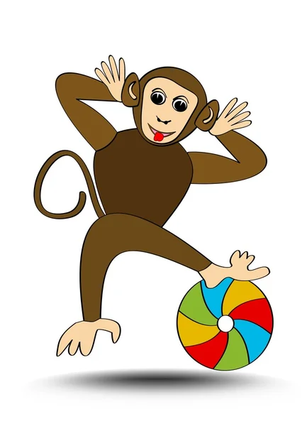 Kleiner lustiger Affe, der mit buntem Strandball spielt, isolierte Zeichnung auf weißem Hintergrund, Illustration für Kinder, Kindergartendekoration, Spielplatzemblem — Stockvektor