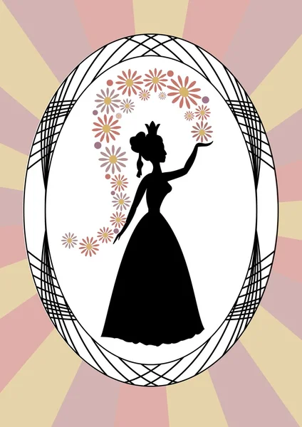 Vintage lady silhouette, lady throwing flowers, in oval frame on rays background, art deco style — Stock Vector