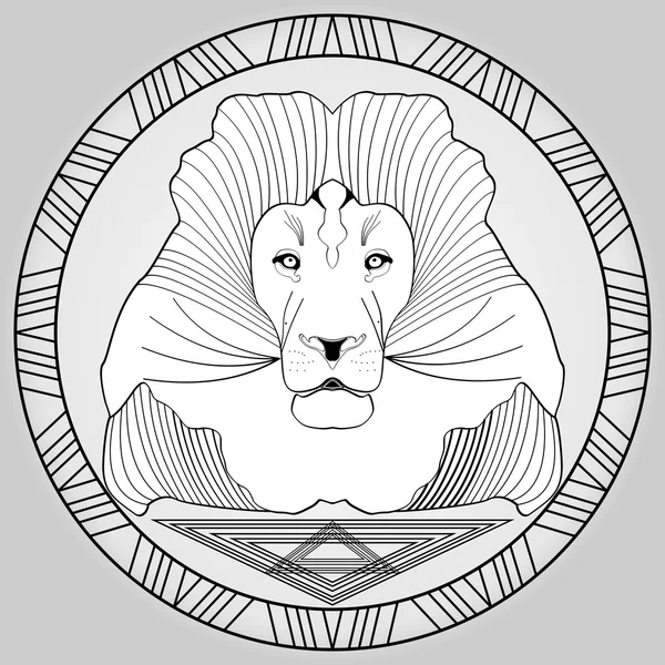 Hoofd van de Leeuw in cirkel frame, zwart-wit tekening — Stockvector