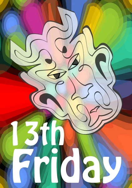Friday 13th, 13 Friday, unlucky day with devil head on psychedelic colorful background. Devil symbol of evil and misfortune, terrible devil head — Stock Vector