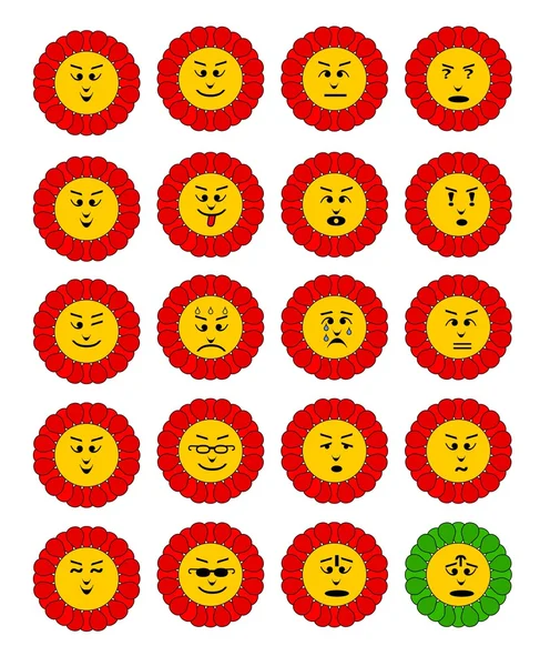 Emoticon-Set. Emoji-Blumen. Blume mit Emoji-Gesichtern. Blüten-Emoticon-Colection. Gefühlsausdruck. rote fröhliche Blumen. — Stockvektor