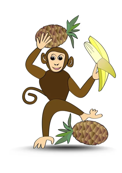 Lustige braune Affe mit Ananas und Banane, Affe Karikatur nützlich als Werbung für den Verkauf von Obst, isolierter Schimpanse auf weißem Hintergrund — Stockvektor