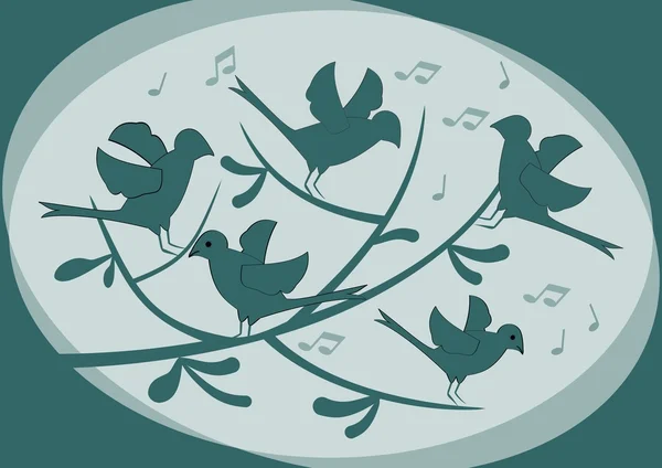 Silhouette di uccelli seduti su un ramo e cantare, illustrazione astratta in verde scuro su sfondo chiaro, immagine fantasia lunatica — Vettoriale Stock