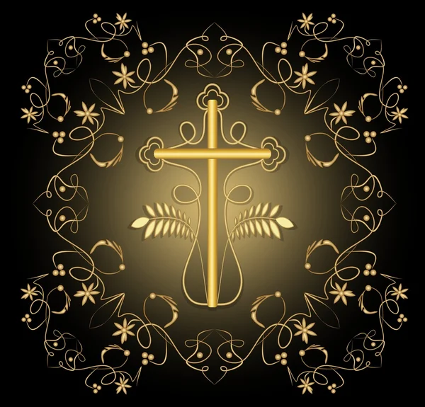 Decoração funereal de luxo clássico com crucifixo dourado com decoração floral dourada e elementos swirly em fundo preto, decoração de enterro em estilo vitoriano — Vetor de Stock