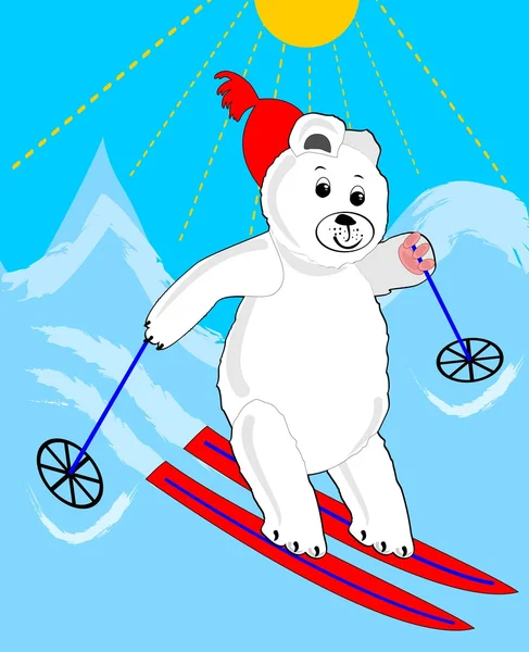 Cute ice bear skiing. Ice bear cartoon. Sporting ice bear. Ice bear on mountain. Ice bear on red ski. Ice bear winter sport. — Stock Vector