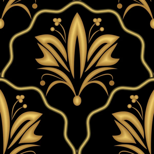 Elegantní luxusní reliéfní zlatý viktoriánské vzory na černém pozadí, olistění měřítku motiv v vektorové eps10, Damašek nebo brokát bezešvé ozdoba. Jemné tradiční klasické zlatý vzor — Stockový vektor