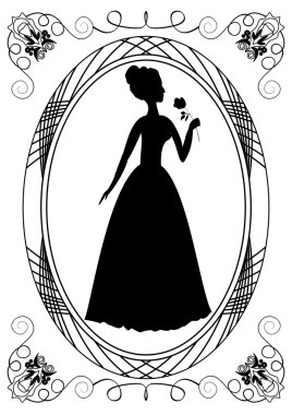 Retro Bayan siluet ile. Vintage çerçeve Victoria bayanla. Tek renkli çizim. Retro Bayan siluet gül desenli. Retro davet şablonu. Duyuru şablonu. 