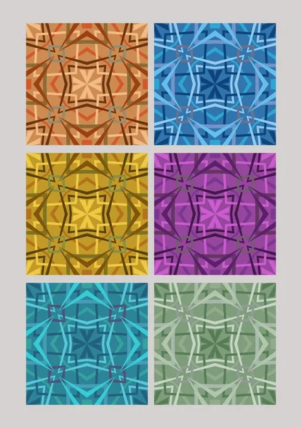 Set of geometric cubist patterns, tiles in different color variants, orange, blue, yellow, purple, green — Stock Vector