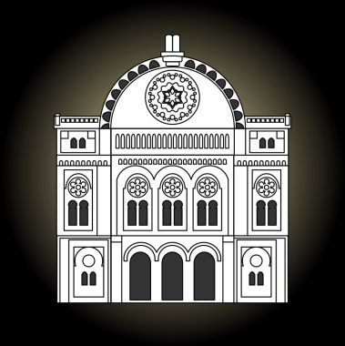 Sinagog, siyah ve beyaz çizim. Önden Görünüm sinagoga cephe. Eski sinagog inşa Yahudi din.